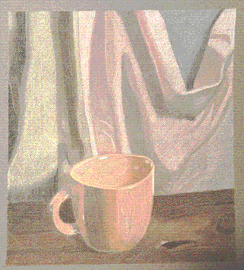 A still life drawing of a peach-colored cup along with a tan and pink curtain